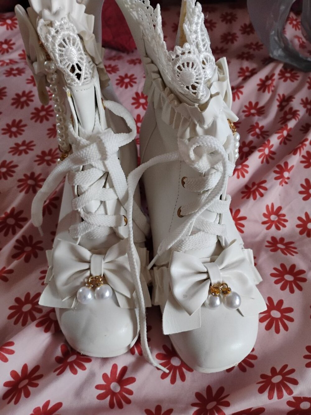 White Lace & Pearl Ankle Boots with Bow & Jewelry Accents